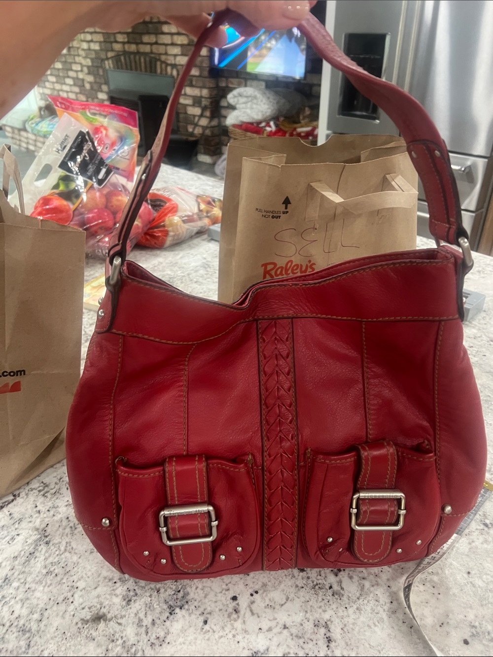 Tignanello Red Leather Shoulder Bag with Braided Center